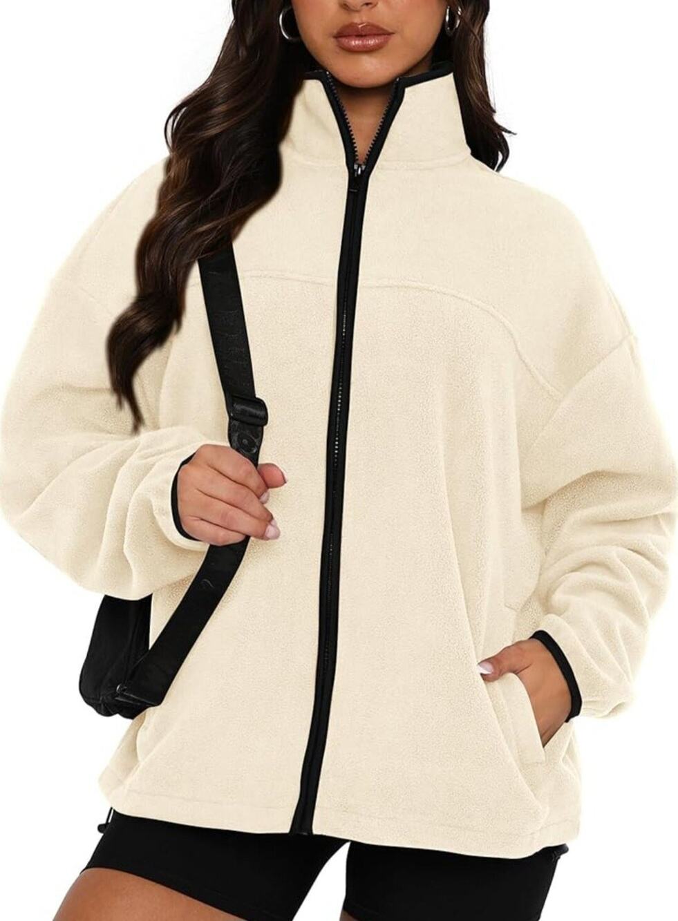 BTFBM Womens Zip-Up Fleece Jacket Stand Collar Winter Casual Fuzzy Coat Large